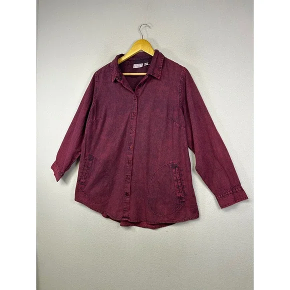 Acid Wash Joan Rivers Womens LP Burgundy Cotton Button Down Pocket Shirt Top - Picture 10 of 11